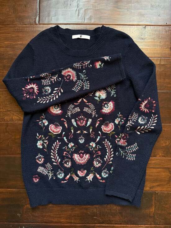 V by Very Sweaters - V by Very Navy Blue Floral Embroidered Long Sleeve Crew Neck Jumper Sweater
